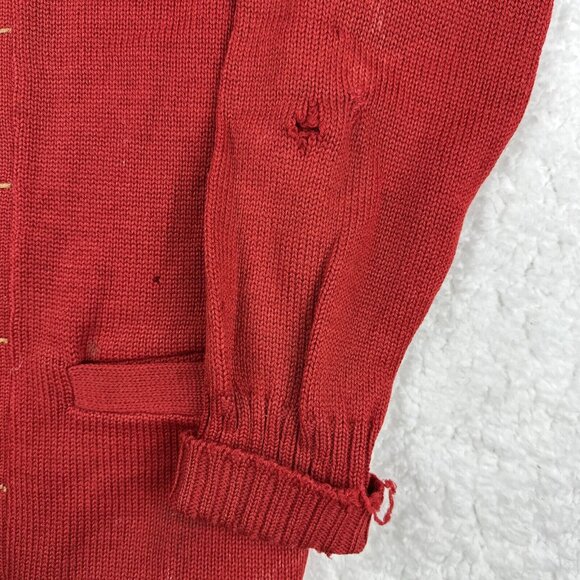 Vintage Wool Cardigan Sweater Distressed Brick Red Primitive 40s Varsity USA - Picture 3 of 16